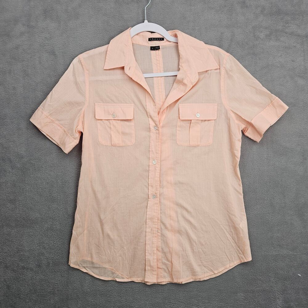 Theory Womens Large Peach Button Front Short Sleeve Blouse Lightweight Cotton